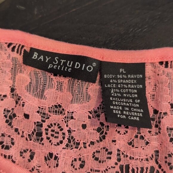 BAY STUDIO Petite Short Sleeve Top Sheer Lace Yoke Stretchy Rayon Barbie - Picture 8 of 10
